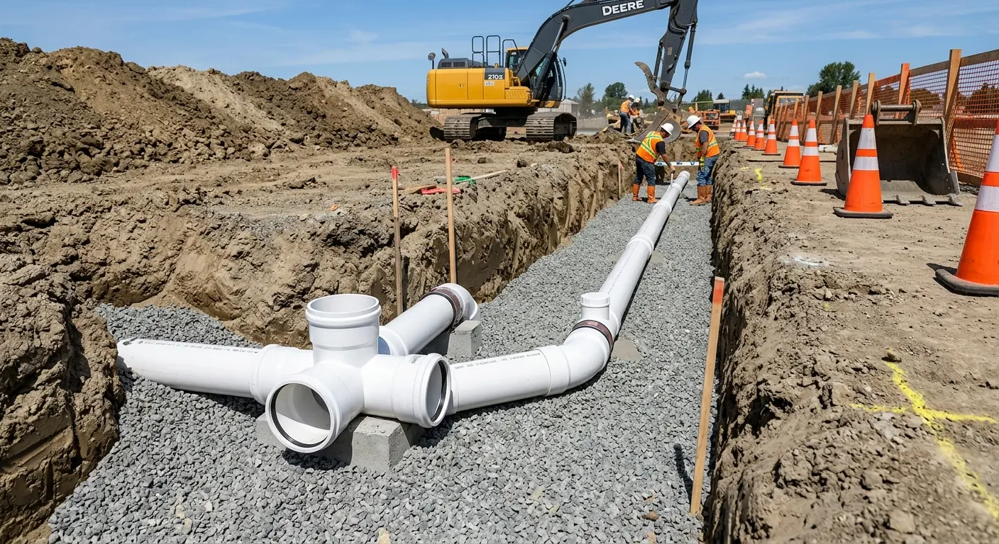 New PVC sewer pipe installation in open trench for Grease Trap Cleaning in Cherry Creek