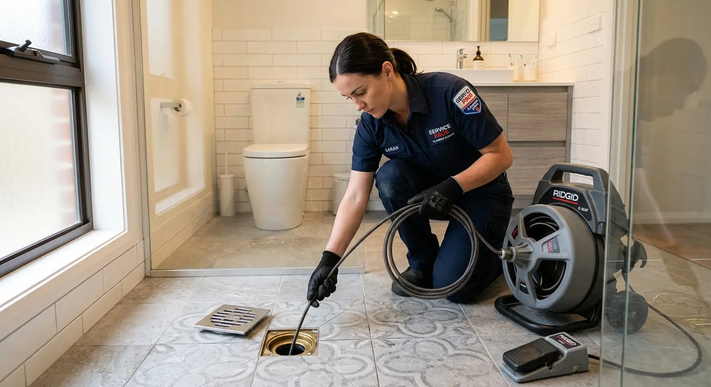 Technician clearing a bathroom floor drain for Drain Repair in Cherry Creek